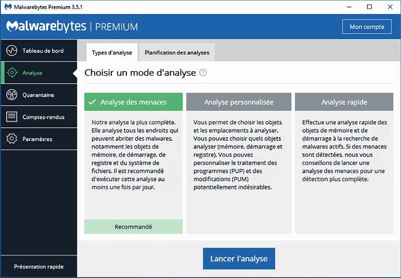 choisir mode analyse malwarebytes premium