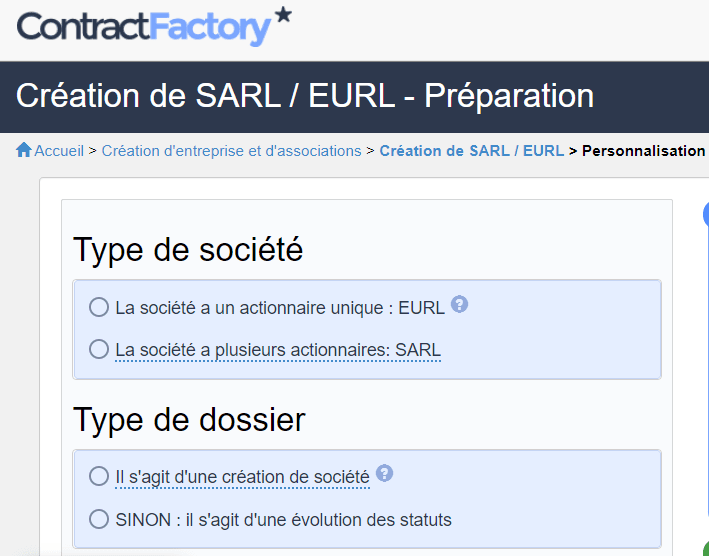creation societe contract factory